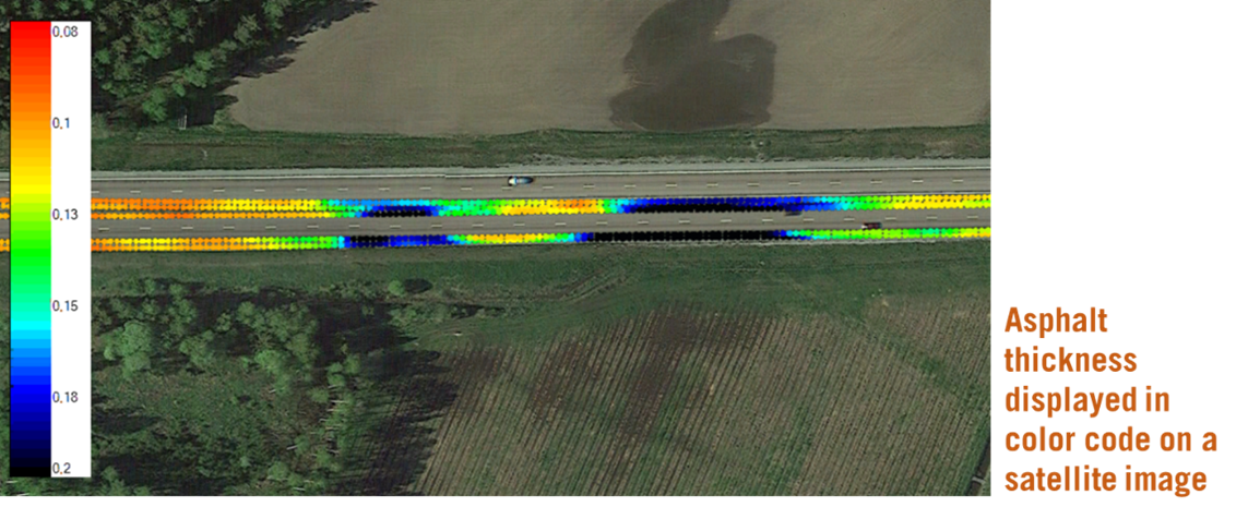 Image showing GPR data asphalt thickness displayed in color code on satellite image